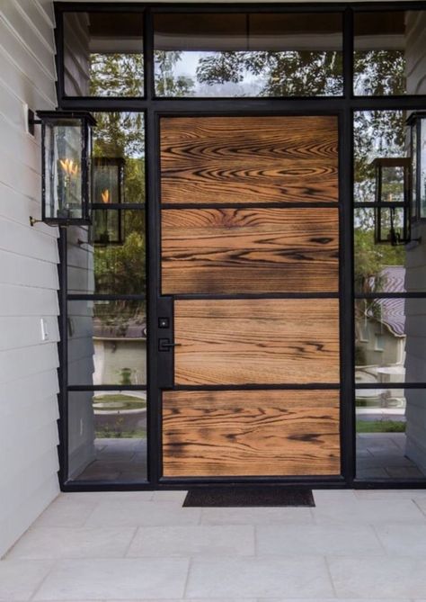 Gorgeous wood front door! Modern Entrance, Modern Front Door, House Design Exterior, Black Outdoor Wall Lights, Modern House Number, Entrance Door Design, House Front Door, Casa Exterior, Front Door Design