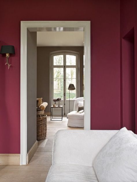 An enlivening cranberry for your living room walls will create a backdrop for people to gather without being overwhelming on the eyes. Taupe Rooms, Magenta Walls, Burgundy Walls, Classic Bathroom Design, Trending Paint Colors, Classic Bathroom, Stylish Bathroom, Front Room, Color Of The Year