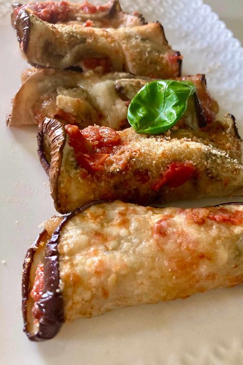 Cheesy Eggplant Roll-Ups (Involtini di Melanzane) - Recipes from Italy Eggplant And Zucchini Recipes, Asian Eggplant Recipes, Eggplant Roll Ups, Cheesy Eggplant, Eggplant Mozzarella, Baked Zucchini Fritters, Recipes From Italy, Eggplant Rolls, Alpha Gal