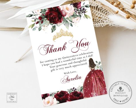 Gold Princess Dress, Birthday Thank You Notes, Blush Flowers, Thank You Note Cards, Burgundy Floral, Gold Crown, Birthday Thank You, Crown Princess, All Fonts