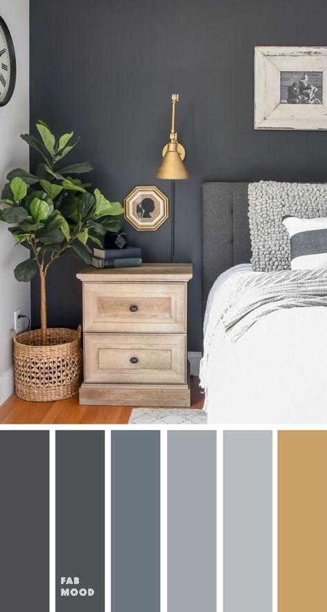 Color inspiration Archives - Page 4 of 23 - Fabmood | Wedding Colors, Wedding Themes, Wedding color palettes Bedroom With Gold Accents, Gray Accent Wall Bedroom, Grey Bedroom Colors, Grey And Gold Bedroom, Dark Gray Bedroom, Grey Accent Wall, Gray Walls, Gold Bedroom, Bedroom Wall Colors