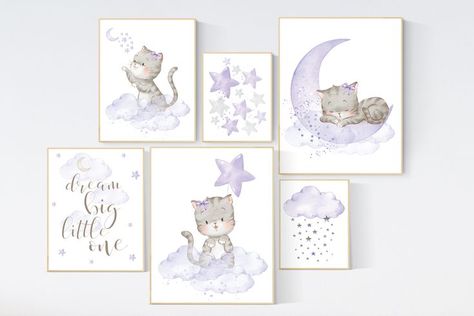 Nursery decor girl purple, cat nursery, Nursery decor girl lavender and gray, kitten nursery, girl nursery decor, cats print for nursery Kitten Nursery, Lilac Nursery, Nursery Bunny, Gray Kitten, Cat Nursery, Custom Nursery Art, Stars Nursery Decor, Rabbit Nursery, Nursery Girl