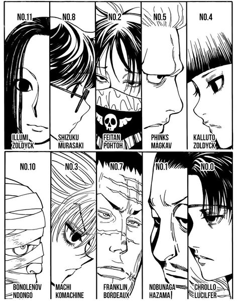 My babies // Phantom Troupe Chrollo Lucilfer Hxh Manga Panels Phantom Troupe, Phantom Troupe Manga Panel, Hunter X Hunter Phantom Troupe Tattoo, Spiders Hunter X Hunter, Phantom Troupe Numbers, Hxh Feitan Spider Tattoo, Spider Troupe Tattoo, Feitan Hunter X Hunter Tattoo, Hxh Phantom Troupe Tattoo