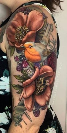 Bird Shoulder Tattoos, Bird And Flower Tattoo, Tattooed Lady, Cover Up Tattoos For Women, Cream Tattoo, Bird Tattoos For Women, Autumn Tattoo, Band Tattoos, Bird Tattoos