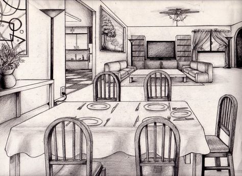 Room Perspective Drawing, Perspective Room, 1 Point Perspective, Perspective Sketch, Drawing Room Interior Design, Kitchen Drawing, Perspective Drawing Architecture, Drawing Interior, One Point Perspective