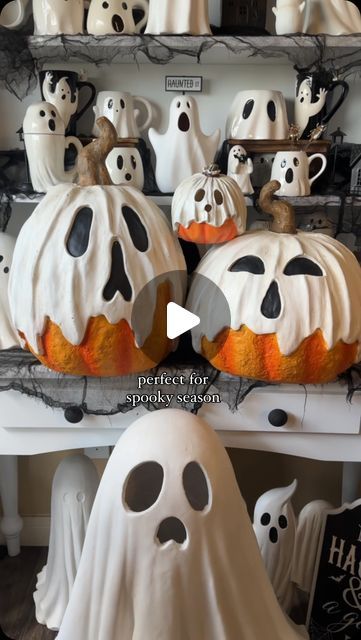 Intheworkplace on Instagram: "Have you seen these before? Ghost pumpkins 🎃👻🖤 they’re new this season and they are the cutest 😭 a DIY is coming soon, so definitely make sure to follow to be notified when it’s posted 🧡

Small: found at TJ Maxx $6.99
XL: found at Santa’s Wrap $34.99 each 

🖤 likes, comments, shares/saves are super appreciated 🖤

#halloweendecor #tjmaxxfinds #halloweeninspo #halloweendecorations #halloween #halloweenaesthetic #holidayreset #halloweenlover #everydayishalloween #augtober #roominspo #halloween2024 #halloweenlife #halloween365 #explorepage✨" Pumpkin Song, October Decorations, Tjmaxx Finds, Ghost Diy, Christmas Porch Decor, Halloween Inspo, Diy Pumpkin, Ghost Pumpkin, Fall Halloween Decor