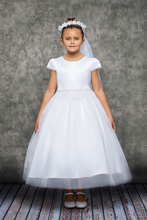 Chandelier Trim First Communion Dress with Sleeves Holy Communion Dresses, Girls Attire, First Communion Dress, First Communion Dresses, Girls Formal Dresses, Communion Dresses, Satin Top, First Communion, Birthday Dresses