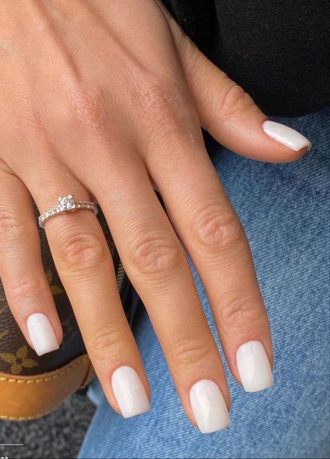 Short milky white nails clean aesthetic look Short Nails Transparent, Milky Short Square Nails, Pearl White Shellac Nails, Short Ivory Nails, Short Nail Milky White, Cream Nails Square, Wedding Nails For Bride Square Round, Short Square Nails Milky White, Milky White Squoval Nails