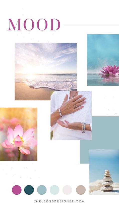 Brand Boards Inspiration, Neutral Cool Color Palette, Wellness Brand Color Palette, Brand Aesthetic Inspiration, Wellness Color Palette, Aesthetic Moodboard Inspiration, Spa Color Palette, Soulful Branding, Lotus Flower Symbol