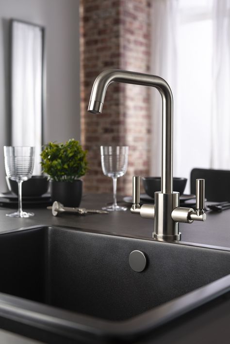 If your ideal kitchen tap must have a sleek, minimalist design then the latest Quad Spout from Abode ticks this box. Delivering both performance and style, the new spout is newly available on Abode's most popular collections. For example, both Atlas and Pico can be chosen in four finishes of chrome, brushed nickel, matt black and brushed brass and now two spout styles; Swan or Quad. #taps #spouttaps #monobloctaps #interiordesign #kitchendesign #chrometaps #blacktaps #brushednickeltap Charcoal Kitchen, Kitchen 2023, Brushed Nickel Kitchen, Aluminium Kitchen, Square Kitchen, Ideal Kitchen, Black Taps, Black Sink, Chrome Taps