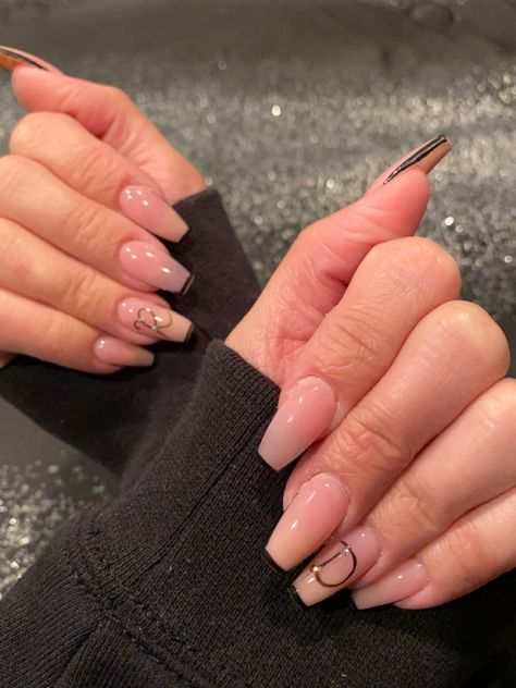 Initial On Ring Finger Nails, Acrylic Nails With Letter D On It, Black Nails With Initials Acrylic, Nude Nails With Initial, Letter D On Nails, Nails With The Letter D On Them, D Nails Letter, Nails With The Letter D, D Initial Nails