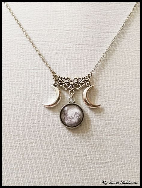 Triple moon necklace, triple goddess pendant, wiccan jewelry, witch necklace, witchcraft jewelry, pagan jewelry, silver half moon by oOMySweetNightmareOo on Etsy https://www.etsy.com/listing/586121040/triple-moon-necklace-triple-goddess Wicca Necklace, Witchcraft Jewelry, Moon Goddess Necklace, Goddess Pendant, Witch Necklace, Healing Stones Jewelry, Wiccan Jewelry, Goddess Necklace, Witch Jewelry