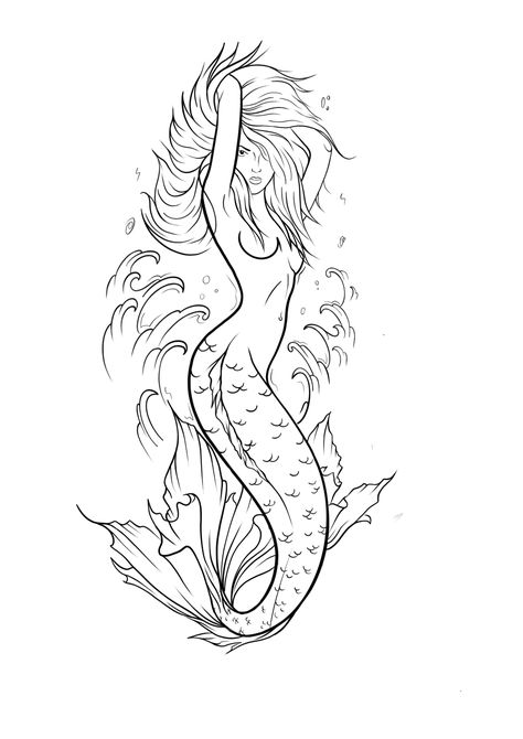 Mermaid Tattoo Stencil Outline, Realistic Mermaid Drawing, Mermaid Outline, Mermaid Sleeve Tattoos, Surf Drawing, Siren Tattoo, Mermaid Sketch, Mermaid Tattoo Designs, Skull Art Tattoo