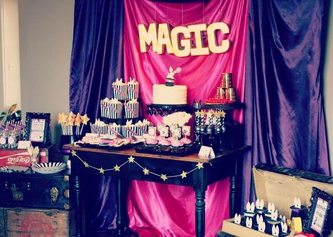 Vintage Magic Party | CatchMyParty.com Magician Party, Vintage Party Ideas, Magic Birthday Party, Magic Birthday, Magic Theme, Magic Party, Vintage Magic, Magic Cake, Magic Show