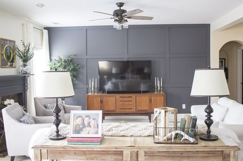 Transitional Family Room, Family Room Makeover, Modern Transitional, Living Room Tv Wall, Board And Batten, Family Room Design, Diy Interior, Living Room Diy, Living Room Makeover