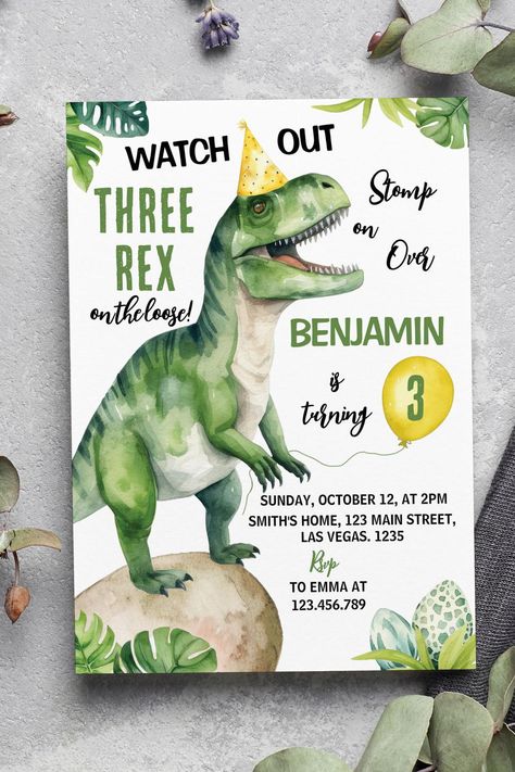 Jungle Dinosaur Three-rex Birthday Invitation Dino Decorations, Prehistoric Party, Dinosaur Party Invitations, Dinosaur Invitation, Dinosaur Birthday Party Invitations, Birthday Party Items, Dinosaur Invitations, Dinosaur Birthday Invitations, Party Themes For Boys