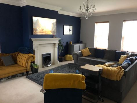 Dark Grey And Mustard Living Room, Blue And Mustard Living Room, Dark Blue Feature Wall, Mustard Living Room, Mustard Living Rooms, Blue Feature Wall, Flat Living Room, Blue Walls Living Room, Blue Sofas Living Room