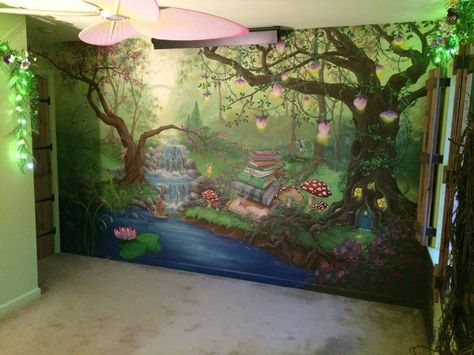 Enchanted forest bedroom mural during the day. #HannonArtWorks Enchanted Forest Mural Kids Rooms, Fairy Garden Mural, Enchanted Forest Nursery Girl, Enchanted Forest Bedroom Ideas, Forest Bedroom Ideas, Woodland Theme Bedroom, Enchanted Forest Bedroom, Fairy Mural, Enchanted Forest Nursery