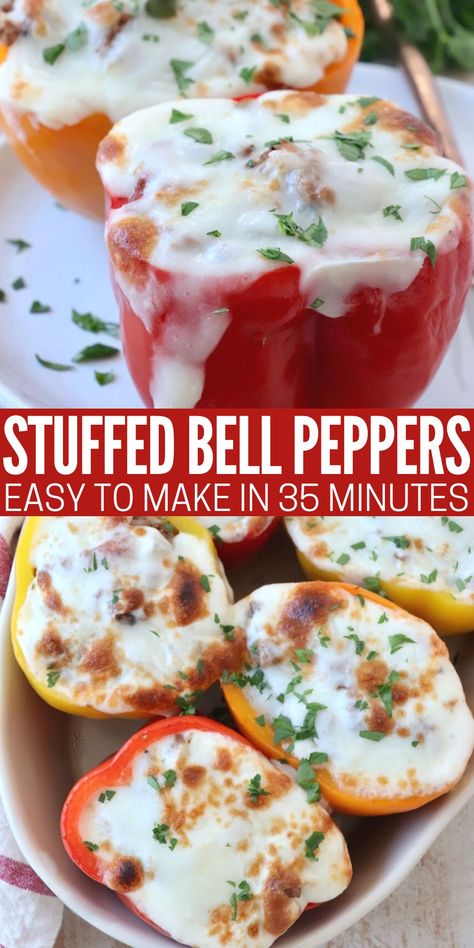 The BEST Stuffed Bell Peppers recipe is filled with flavor-packed ground beef, rice and cheese, and is easy to make in just 35 minutes! Minute Rice Stuffed Bell Peppers, Half Stuffed Bell Peppers, Cheesy Rice Stuffed Peppers, Easy Stuffed Bell Peppers No Rice, Costco Stuffed Bell Peppers Recipe, Stuffed Peppers With Ricotta Cheese, Stuffed Peppers With Minute Rice, Stuffed Bell Peppers Ground Beef Cream Cheese, Microwave Stuffed Bell Peppers