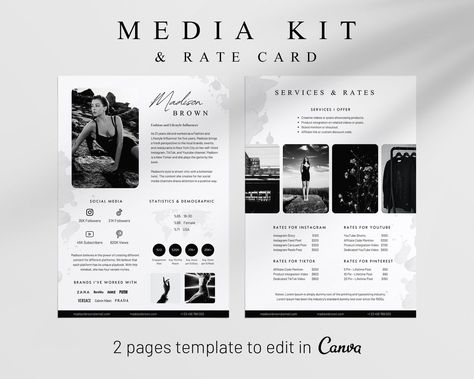 This media kit is essential for influencers, bloggers, and entrepreneurs looking to elevate their brand.  Our 2-Page Influencer Media Kit & Rate Card provides a professional and visually appealing template to showcase your brand effectively.  

You don't need any design experience to customize this kit. It's designed exclusively on Canva, allowing you to edit and export your media kit quickly and easily.

The package includes:
* 1 PDF file with a link to access the templates
* 2 Pages of Media Kit & Rate Card - Light - A4 (21 x 29.7 cm)
* 2 Pages of Media Kit & Rate Card - Light - US Letter Size (8.5 x 11 in)
* 2 Pages of Media Kit & Rate Card - Dark - A4 (21 x 29.7 cm) 


.#CanvaTemplates #SocialMediaDesign #InstagramIdeas #PinterestTemplates #CreativeCanva Media Kit Design, Instagram Rates, Influencer Media Kit, Rate Card, Canva Template Instagram, Social Media Statistics, Write An Email, Social Media Kit, Template Social Media