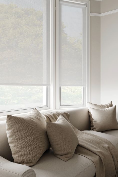 Bay Window Blinds, Modern Roller Blinds, Living Room Bay Window, White Roller Blinds, Bay Window Living Room, Sheer Roller Blinds, Beautiful Blinds, Living Room Blinds, Made To Measure Blinds