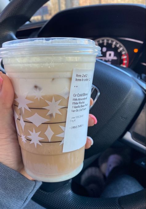 I regret not getting this in a venti! Cold brew with almond milk, 2-3 pumps white mocha with 2-3 scoops of vanilla bean and vanilla sweet cream cold foam. #starbucks #starbucksdrink #coldbrew #icedcoffee #musthave #starbucksdrinksrecipes Starbucks With Almond Milk, Starbucks Drinks With Almond Milk, Starbucks With Cold Foam, Vanilla Drinks At Starbucks, Almond Milk Starbucks Drink, Starbucks Almond Milk Drinks, Cold Foam Starbucks Drinks Order, Oat Milk Starbucks Drinks, Starbucks Drinks With Cold Foam