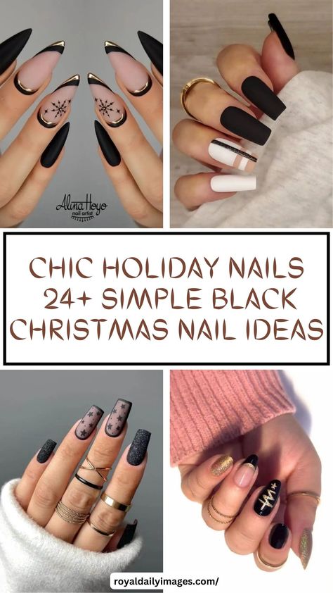 Simple Black Christmas Nail Ideas Matte Black Holiday Nails, Christmas Nails Gold And Black, Black Christmas Gel Nails, Black December Nails, Black And Red Nails Christmas, Dark Blue Matte Nails Design, Black Holiday Nail Designs, Black And Gold Holiday Nails, Christmas Nails With Black