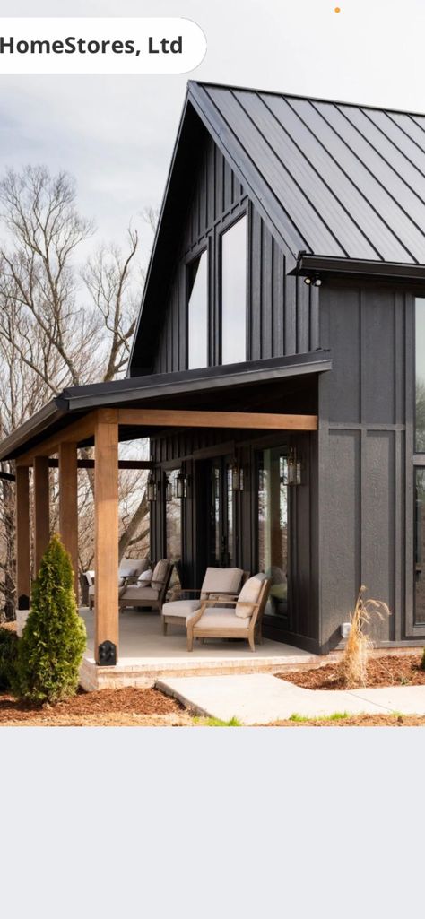 Black House With Cedar Accents, Dark Exterior Paint Colors, Black Farmhouse Exterior, Dark Exterior House Colors, Metal Siding House, Dark Exterior House, Black Houses, Barn Style House Plans, Exterior House Color