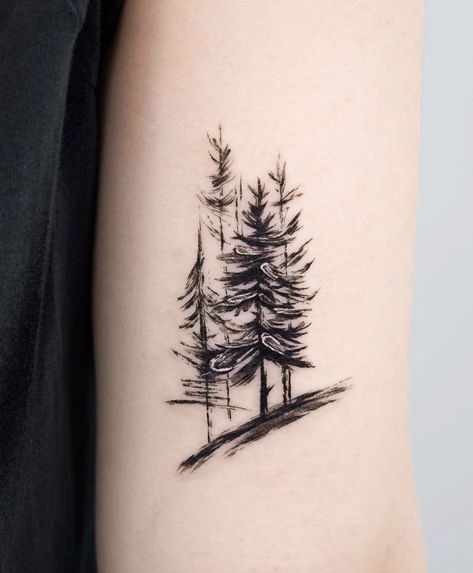 Leg Tree Tattoos Women, Dainty Forest Tattoo, Woods Tattoo Women, Small Forest Tattoos For Women, Birch Tree Tattoo For Women, Pine Tree And Mountain Tattoo, North Woods Tattoo, Treeline Tattoo, Forest Tattoo Design Drawing