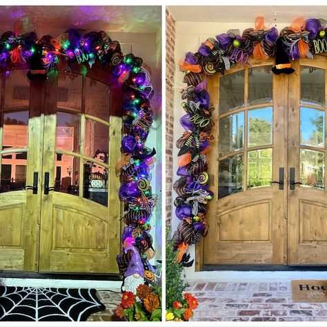 Halloween Garland Diy, Porch Garland, Mesh Garland, Halloween Door Decor, Garland Tutorial, Halloween Mantle, Garland Diy, Halloween Garland, Door Swag