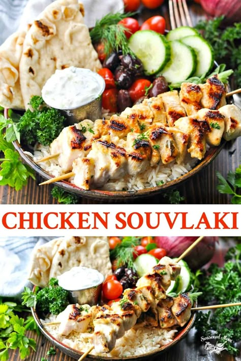 Marinated grilled Chicken Souvlaki with Tzatziki Sauce is perfect tucked inside pita, served over rice, or piled on top of a crisp salad. The simple Greek chicken skewers are an easy and healthy dinner with tons of fresh flavor! Chicken Skewers And Rice, Souvlaki Chicken Pita, Chicken Slovaki Pita, Greek Rice Recipe Chicken Souvlaki, Tzatziki Marinated Chicken, Chicken Skewer Meal Ideas, What To Eat With Tzatziki, Chicken Souvlaki Salad, Tzatziki Dinner Recipes