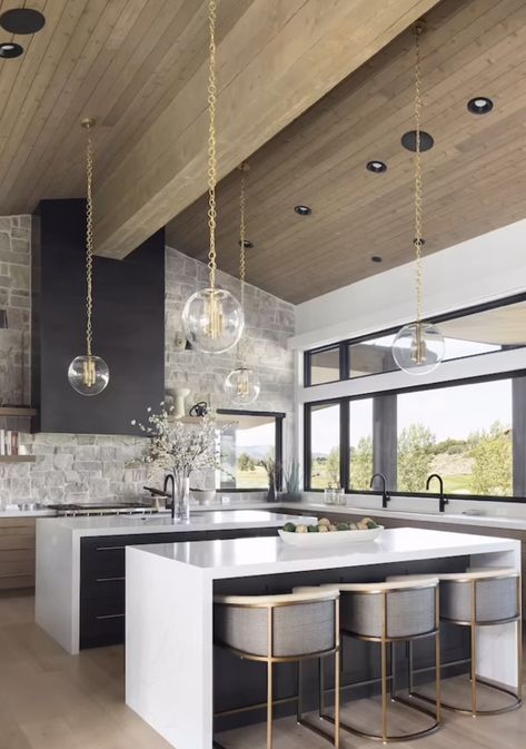 Dream Cottage Interior, Organic Modern Kitchen, Stone Backsplash Kitchen, Double Islands, Dream Kitchens Design, Cabinet Color, Black Hood, Gorgeous Kitchens, Stunning Kitchens