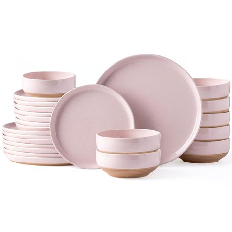 PRICES MAY VARY. HEALTHY & EXCELLENT VALUE : These dinnerware set are made of degradable clay making it free of lead and cadmium, NO need to worry about harmful substance leaching into your drinking and food, Twice fired premium ceramic make it sturdy, durable and chip-resistant for long use WHAT’S IN THE BOX: These series 24-piece dinnerware set includes 8Pcs 10.5” Dinner Plates, 8Pcs 8” Dessert Plates, 8Pcs 6.” (24 OZ) cereal bowls, making it a great set service for 8 MODERN DESIGN WITH HAND C Colorful Dinnerware Sets, Cute Plate Set, Kitchen Plates Set, Cute Plates, Dishes Sets, Gold House, Pink Dishes, Bowls Ceramic, Clay Making