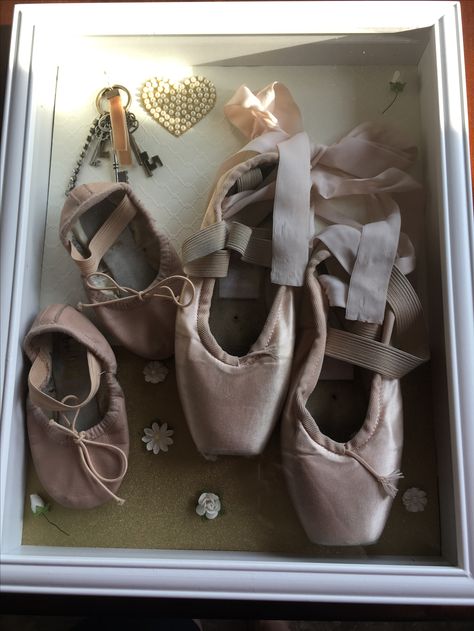 Ballet shadow box display Shadow Box Pointe Shoes, Ballet Shoes Decoration Ideas, Pointe Shoes Shadow Box Ideas, Ballet Shoe Display, Ballet Shadow Box Ideas, Pointe Shoe Shadow Box Ideas, Dance Shadow Box Ideas, Pointe Shoe Display, Point Shoe