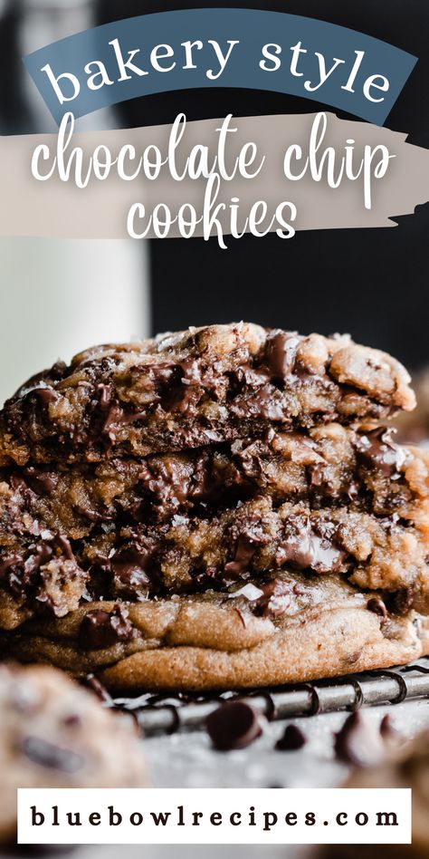 These Bakery Style Chocolate Chip Cookies are thick, chewy cookies with crisp edges and tons of chocolate and mini chocolate chips. Each cookie is extra big, just like your favorite bakery ones! Top these off with flaky sea salt and dig in while they're warm and gooey from the oven. #chocolatechipcookies #cookies #cookierecipes #chocolatechip #bakerycookies #christmascookies #dessertrecipes #onebowl #easydesserts #bluebowlrecipes | bluebowlrecipes.com