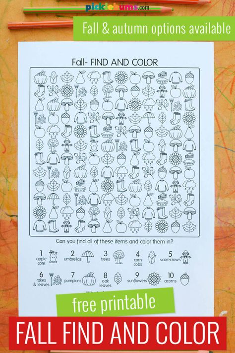 Fall Seek And Find, I Spy Fall Printable, Fall I Spy, Fall Puzzles, Find And Color, Autumn Puzzle, October School, Fall Worksheets, Color Activity