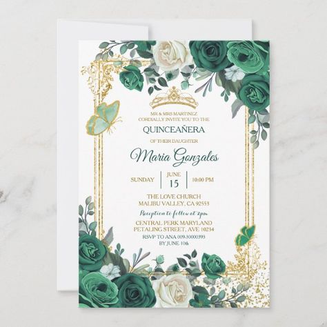 Invitación a los siniestros Charra sana quince | Zazzle.com Sweet 16 Emerald Green, Emerald Green Butterfly, Butterfly Sweet 16, Green Quinceanera Theme, Quinceanera Theme, Quince Invitations, Butterfly Invitations, Quinceanera Planning, Green Invitations