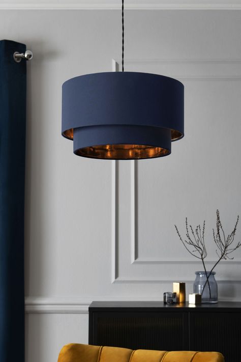 With metallic inner. 100% Textile.Next Navy Rico 2 Tier Large Easy Fit Shade -  navy  Unisex > Ceiling Lights Navy Gold Bedroom, Navy Bedrooms, Navy Living Rooms, Navy And Copper, Blue Lamp Shade, Gold Living Room, Blue Lamp, Gold Bedroom, Pendant Lamp Shade