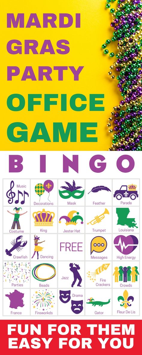 Mardi Gras party games perfect for any group! Get 50 printable game cards now - a perfect holiday theme for your Mardi Gras party for kids or Mardi Gras Day party for seniors or your work office party. With words and pictures and instructions, these game cards are a perfect Mardi Gras party idea! Also loved printable entertainment for school, preschool, for work, for teens, for seniors, nursing home, office, for kids. Everyone loves this modern twist on a classic favorite game! #mardigras Mardi Gras Work Party, Mardi Gras Senior Activities, Mardi Gras Office Party Ideas, Mardi Gras Party For Kids, Mardi Gras Games For Seniors, Mardi Gras Activities For Seniors, Mardi Gras Kids Crafts, Mardi Gras Games For Adults, Mardi Gras Crafts For Adults