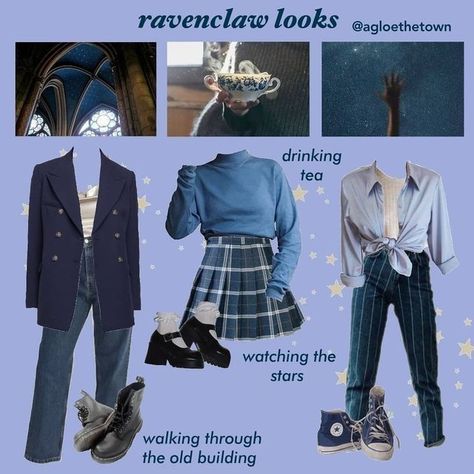 💌 on Instagram: "posting twice a day?? there's lookbook inspired by hogwarts house ravenclaw! comment which outfit is your favorite! ✨" Blue Academia Aesthetic Outfit, Ravenclaw Outfit Aesthetic, Academia Aesthetic Fashion, Blue Outfit Winter, Aesthetic Clothes Grunge, Blue Academia, House Ravenclaw, Ravenclaw Outfit, Light Academia Outfit