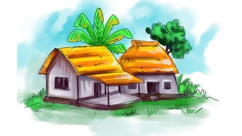 Easy House Drawing /How to painting a Village Hut / Quick House painting step by step /MDA /NEW HD Hut House Drawing, Village House Drawing, Hut Drawing, Easy House Drawing, Rama Art, Village Hut, Simple House Drawing, House Drawing For Kids, Diy Popsicle Stick Crafts