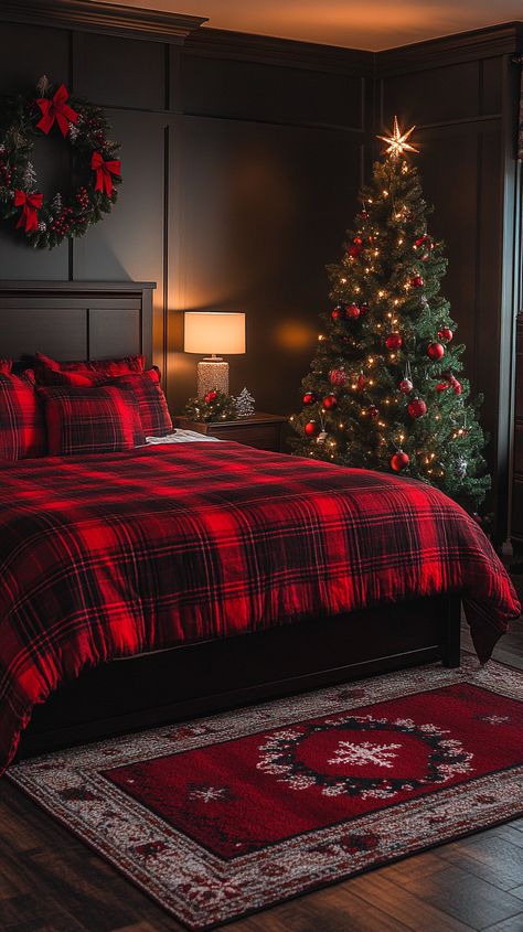 Cozy Christmas bedroom featuring a large bed with a red plaid blanket, Christmas tree, wreath, and dark wood furniture. Christmas Room Decor Ideas Bedrooms, Cozy Christmas Bedroom Aesthetic, Christmas Room Inspiration, Christmas Bedroom Aesthetic, Christmas Guest Bedroom, Christmas Bedrooms, Cozy Christmas Bedroom, Festive Aesthetic, Holiday Bed