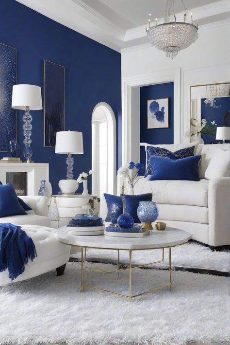 interior design, home decor, wall paint, living room design, home interior, kitchen design, paint color match Blue And Silver Living Room Ideas, Royal Blue Walls, Blue Walls Living Room, Light Oak Floors, Silver Living Room, Navy Living Rooms, Glam Living Room Decor, Vibrant Living Room, House Paint Interior