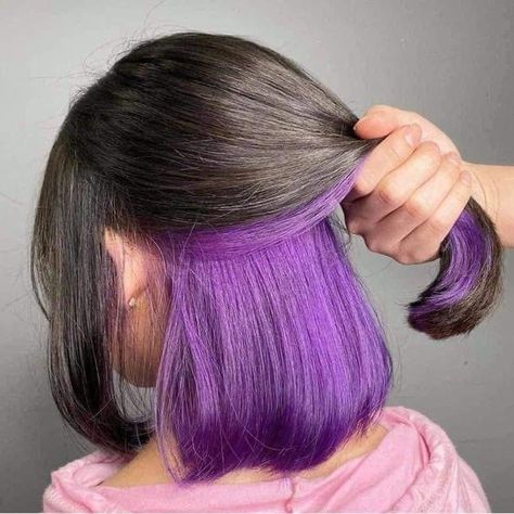 Short Layered Purple Hair, Short Hair With Purple, Hair With Purple Underneath, Under Lights Hair, Purple Underneath Hair, Under Hair Dye, Underdye Hair, Under Hair Color, Hair With Purple