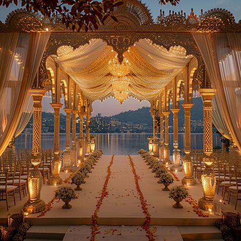 Elegant Wedding #Ceremony: A breathtakingly beautiful wedding #Location elegantly draped in sheer fabric with a scenic lake backdrop. #BridalBliss #Elegance #Venue #LoveStory #DreamWedding #AIArt #AIPhoto #StockCake ⬇️ Download and 📝 Prompt 👉 https://stockcake.com/i/elegant-wedding-venue_489099_489008 Beach Wedding Setup, Scenic Wedding Venues, Elegant Wedding Ceremony, Indian Wedding Venue, Arabian Wedding, Beach Wedding Arch, Scenic Wedding, Floral Archway, Opulent Wedding