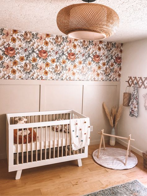 Butterfly Nursery Wallpaper, Boho Floral Nursery Decor, Boho Vintage Floral Nursery, Neutral Flower Nursery, Moody Boho Nursery, Girl Nursery Dark Furniture, Accent Wall Baby Girl Nursery, Floral Accent Wall Nursery, Boho Eclectic Nursery