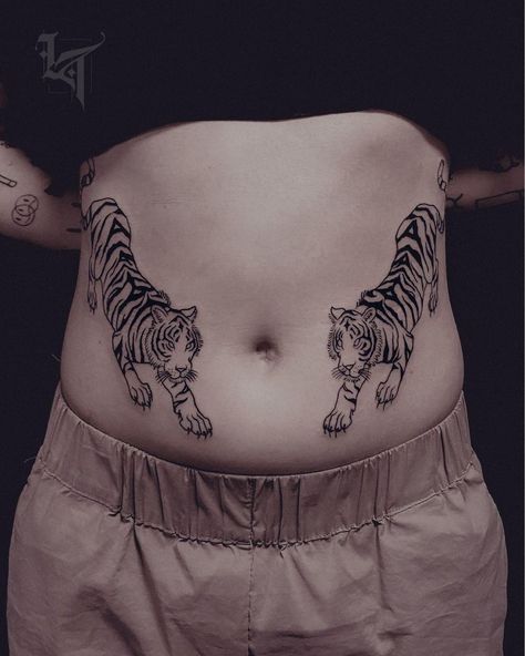 Matching Tiger Women Stomach Tattoos Women Stomach Tattoos, Styles Of Tattoos, Tattoo Stomach, Different Styles Of Tattoos, Strawberry Tattoo, Stomach Tattoos Women, Stomach Tattoo, Feminine Symbols, The Beauty Of Women