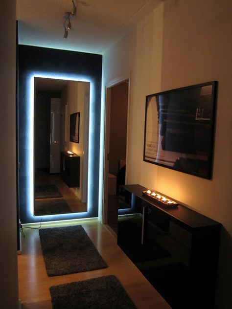 Materials: IKEA Hovet mirror, self-adhesive LED cable with power supply, J-shaped aluminum molding barDescription: To get some cool vibes out of my Hovet mirror Ikea Hovet Mirror, Hovet Mirror, Lighting Apartment, Ikea Mirror, Deco Led, Diy Casa, Ikea Hackers, Mirror On The Wall, Design Del Prodotto