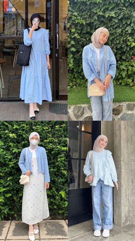 Baby Blue Outfit Hijab, Blue Outfit Korean, Blue Outfit Hijab, Outfit Piknik, Cream Outfit Hijab, Blue Hijab Outfit, Spill Ootd, Blue Cardigan Outfit, Mix And Match Outfits Hijab