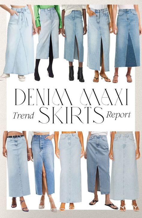 Styling Mid Length Denim Skirt, Long Denim Pencil Skirt Outfit, How To Style A Demin Skirt, Light Denim Maxi Skirt Outfit, Long Demin Skirt Outfit Casual, How To Wear Denim Skirt, Jean Skirt 2023, Midi Demin Skirt Outfits, Styling Midi Denim Skirt